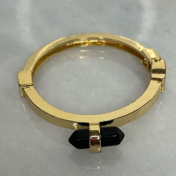 Gold Tone Classic Hinge With Black Stone Accent Bangle Bracelet OS - Picture 2 of 5